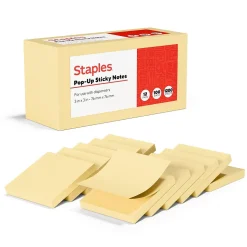 Staples Sticky Notes<Recycled Pop-up Notes, 3" x 3", Sunshine Collection, 100 Sheet/Pad, 12 Pads/Pack (S33YRP12/52563)