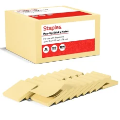 Staples Sticky Notes<Recycled Pop-up Notes, 3" x 3", Sunshine Collection, 100 Sheet/Pad, 36 Pads/Pack (S-33YRP36)