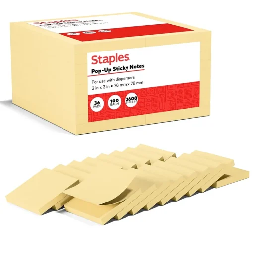 Staples Sticky Notes<Recycled Pop-up Notes, 3" x 3", Sunshine Collection, 100 Sheet/Pad, 36 Pads/Pack (S-33YRP36)