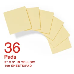 Staples Sticky Notes<Recycled Pop-up Notes, 3" x 3", Sunshine Collection, 100 Sheet/Pad, 36 Pads/Pack (S-33YRP36)