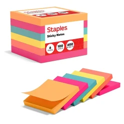 Staples Sticky Notes<Stickies Standard Notes, 3" x 3" Assorted, 100 Sheets/Pad, 6 Pads/Pack (S-33BR6/52560)