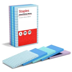 Staples Sticky Notes<Stickies Standard Notes, 4" x 6" Assorted, 100 Sheets/Pad, 5 Pads/Pack (S-46WC5/52573)