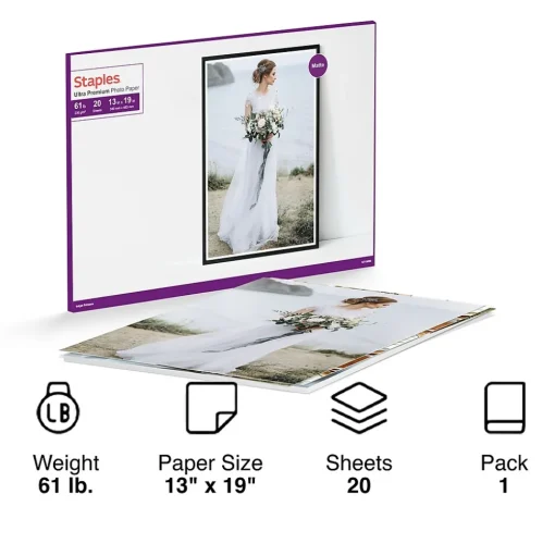 Staples Photo Paper<Ultra Premium Matte Photo Paper, 13"W x 19"L, 20/Pack (19896-CC)