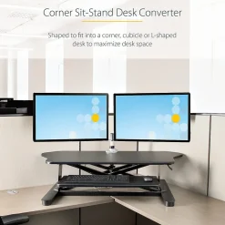 StarTech Standing Desks<Adjustable Large Surface Corner Sit Stand Desk Converter for Dual Monitors, Keyboard Tray, 35" x 21" (ARMSTSCORNR)