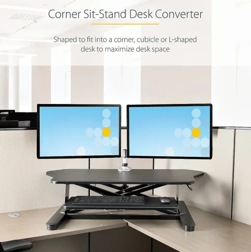 StarTech Standing Desks<Adjustable Large Surface Corner Sit Stand Desk Converter for Dual Monitors, Keyboard Tray, 35" x 21" (ARMSTSCORNR)