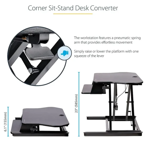 StarTech Standing Desks<Adjustable Large Surface Corner Sit Stand Desk Converter for Dual Monitors, Keyboard Tray, 35" x 21" (ARMSTSCORNR)