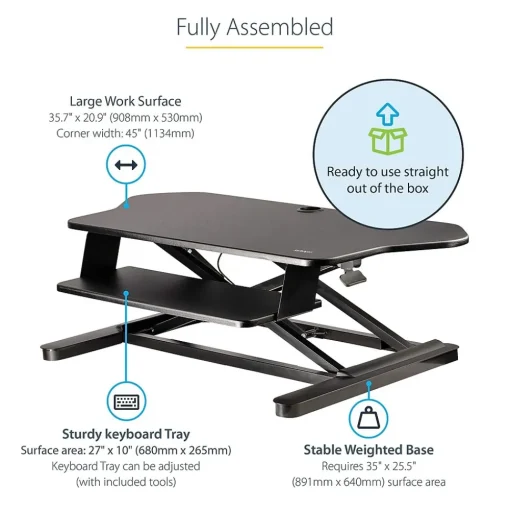 StarTech Standing Desks<Adjustable Large Surface Corner Sit Stand Desk Converter for Dual Monitors, Keyboard Tray, 35" x 21" (ARMSTSCORNR)
