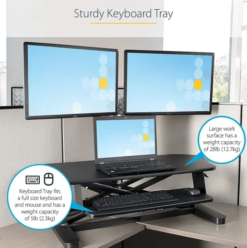 StarTech Standing Desks<Adjustable Large Surface Corner Sit Stand Desk Converter for Dual Monitors, Keyboard Tray, 35" x 21" (ARMSTSCORNR)