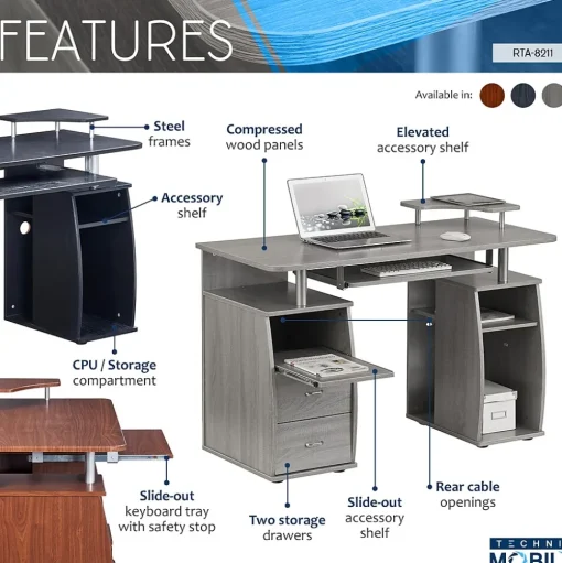 Techni Mobili Corner Desks<Complete Computer Workstation Desk With Storage, Gray (RTA-8211-GRY)