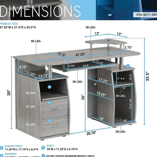Techni Mobili Corner Desks<Complete Computer Workstation Desk With Storage, Gray (RTA-8211-GRY)