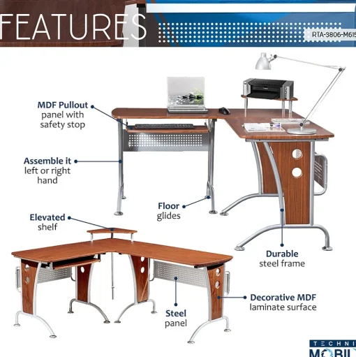 Techni Mobili L-Desks<Deluxe 57"W L-Shaped Desk, Mahogany (RTA-3806-M615)