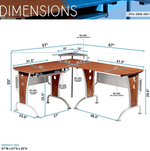 Techni Mobili L-Desks<Deluxe 57"W L-Shaped Desk, Mahogany (RTA-3806-M615)