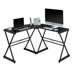 Techni Mobili L-Desks<L-Shaped Glass Top Computer Corner Desk, Black (RTA-3805L-BK)