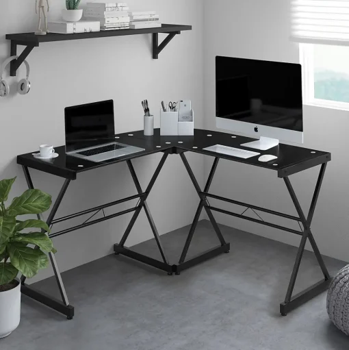 Techni Mobili L-Desks<L-Shaped Glass Top Computer Corner Desk, Black (RTA-3805L-BK)