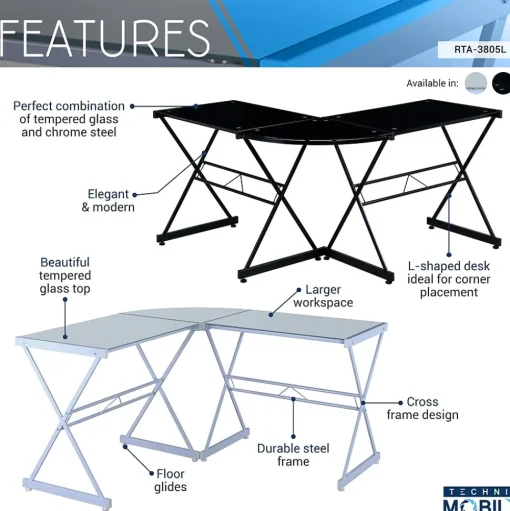 Techni Mobili L-Desks<L-Shaped Glass Top Computer Corner Desk, Black (RTA-3805L-BK)