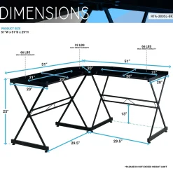 Techni Mobili L-Desks<L-Shaped Glass Top Computer Corner Desk, Black (RTA-3805L-BK)