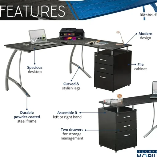 Techni Mobili Corner Desks<Modern L-Shaped Computer Desk with File Cabinet, Espresso (RTA-4804L-ES)