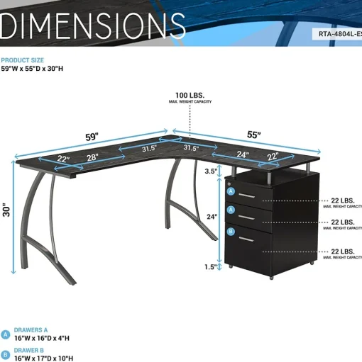 Techni Mobili Corner Desks<Modern L-Shaped Computer Desk with File Cabinet, Espresso (RTA-4804L-ES)