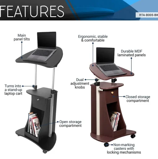 Techni Mobili Standing Desks<22"W Manual Adjustable Standing Laptop Cart, (RTA-B005-BK46)