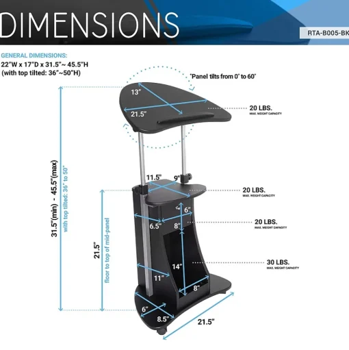 Techni Mobili Standing Desks<22"W Manual Adjustable Standing Laptop Cart, (RTA-B005-BK46)