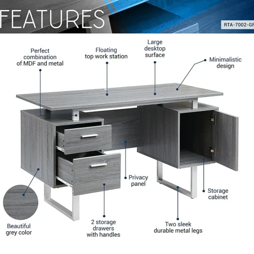 Techni Mobili Corner Desks<51.25"W Modern Office Desk with Storage, Gray (RTA-7002-GRY)