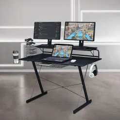 Techni Sport Corner Desks<Carbon Computer Gaming Desk with Shelving, Black (RTA-TS200-BK)
