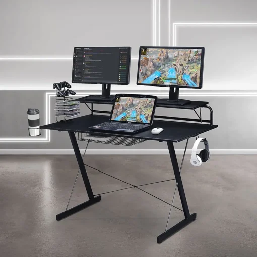 Techni Sport Corner Desks<Carbon Computer Gaming Desk with Shelving, Black (RTA-TS200-BK)