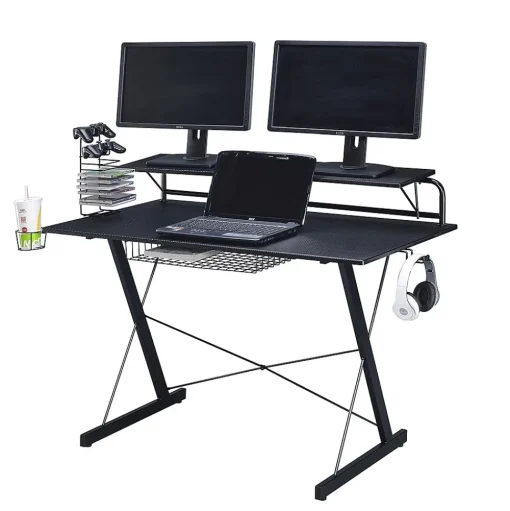 Techni Sport Corner Desks<Carbon Computer Gaming Desk with Shelving, Black (RTA-TS200-BK)