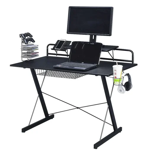 Techni Sport Corner Desks<Carbon Computer Gaming Desk with Shelving, Black (RTA-TS200-BK)