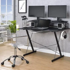 Techni Sport Corner Desks<Carbon Computer Gaming Desk with Shelving, Black (RTA-TS200-BK)