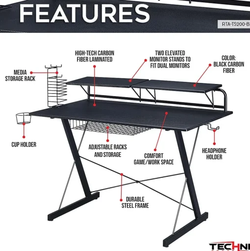 Techni Sport Corner Desks<Carbon Computer Gaming Desk with Shelving, Black (RTA-TS200-BK)