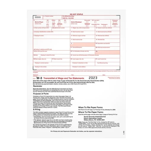 TOPS Tax Forms<2024 W-3 Tax Form, 1-Part, 25 Forms/Pack (LW325)