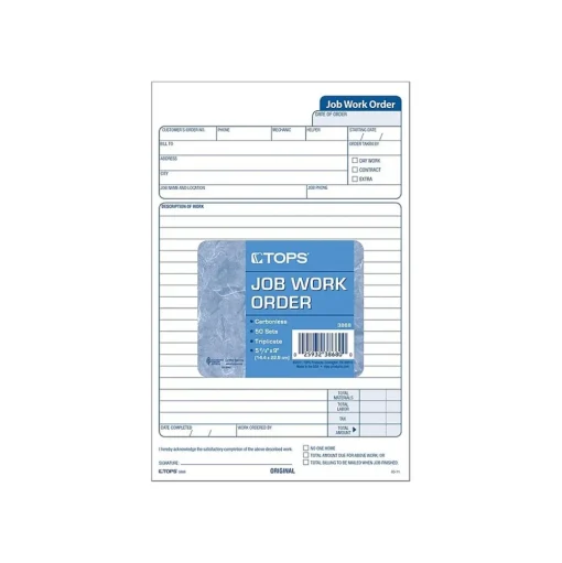TOPS Business Forms<Job 3-Part Carbonless Work Orders, 8.62"L x 5.67"W, 50 Sets/Book (3868)
