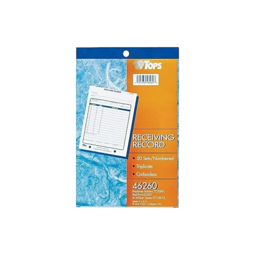 TOPS Business Forms<3-Part Carbonless Receiving Records, 5.56"W x 7.94"L, 50 Sets/Book (46260)