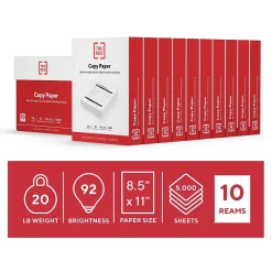 TRU RED Copy Paper<™ 8.5" x 11" Copy Paper, 20 lbs., 92 Brightness, 500 Sheets/Ream, 10 Reams/Carton (TR56958)