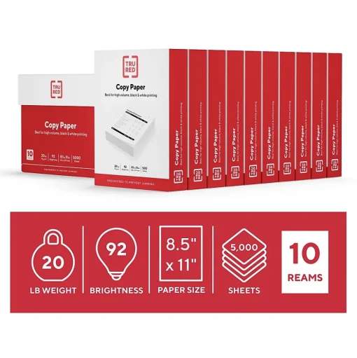 TRU RED Copy Paper<™ 8.5" x 11" Copy Paper, 20 lbs., 92 Brightness, 500 Sheets/Ream, 10 Reams/Carton (TR56958)