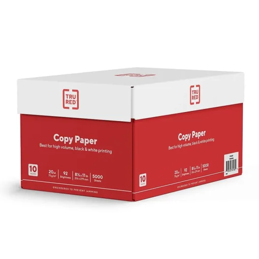 TRU RED Copy Paper<™ 8.5" x 11" Copy Paper, 20 lbs., 92 Brightness, 500 Sheets/Ream, 10 Reams/Carton (TR56958)