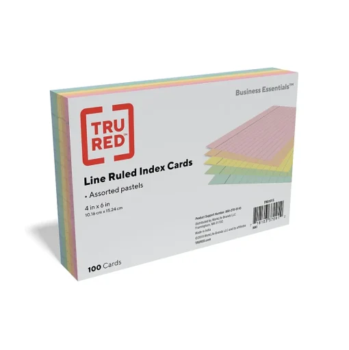 TRU RED Index Cards<™ 4" x 6" Index Cards, Lined, Assorted Colors, 100/Pack (TR51015)