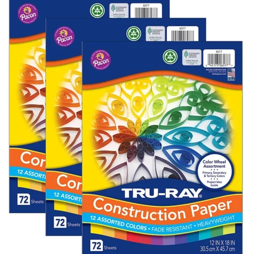 Tru-Ray Construction Paper<Color Wheel Assortment 12" x 18" Construction Paper, Assorted, 72 Sheets/Pack, 3 Packs/Bundle (PAC6577-3)
