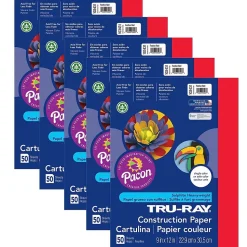 Pacon Construction Paper<Tru-Ray® Construction Paper, Festive Red, 9" x 12", 50 Sheets Per Pack, 5 Packs (PAC103431-5)