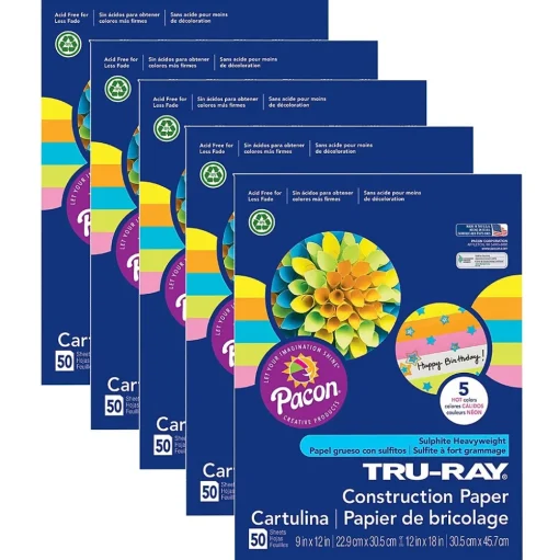 Pacon Construction Paper<Tru-Ray® Construction Paper, 5 Assorted Hot Colors, 9" x 12", 50 Sheets Per Pack, 5 Packs (PAC6596-5)