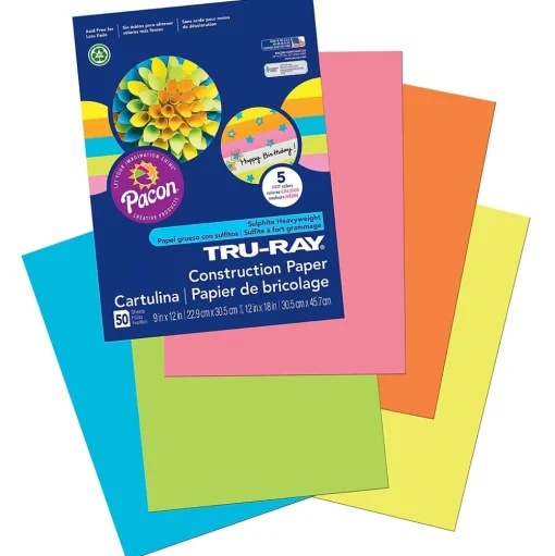 Pacon Construction Paper<Tru-Ray® Construction Paper, 5 Assorted Hot Colors, 9" x 12", 50 Sheets Per Pack, 5 Packs (PAC6596-5)