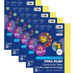 Pacon Construction Paper<Tru-Ray® Construction Paper, Lively Lemon, 9" x 12", 50 Sheets Per Pack, 5 Packs (PAC103402-5)