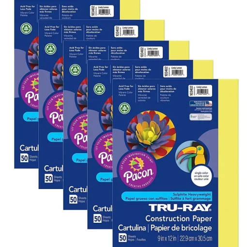 Pacon Construction Paper<Tru-Ray® Construction Paper, Lively Lemon, 9" x 12", 50 Sheets Per Pack, 5 Packs (PAC103402-5)