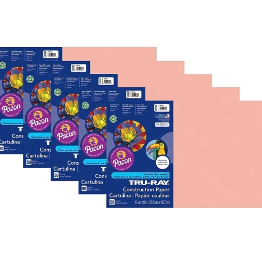 Pacon Construction Paper<Tru-Ray® Construction Paper, Salmon, 12" x 18", 50 Sheets Per Pack, 5 Packs (PAC103042-5)