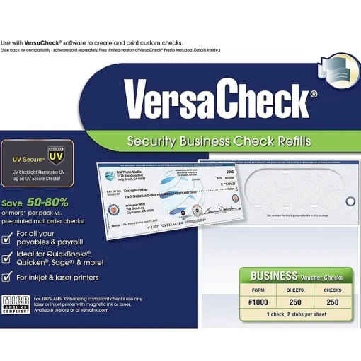 VersaCheck Security & Carbon<UV Secure 8.5" x 11" Business Security Check On Top, Blue Elite, 250 Sheets/Pack (GLO921800F086)