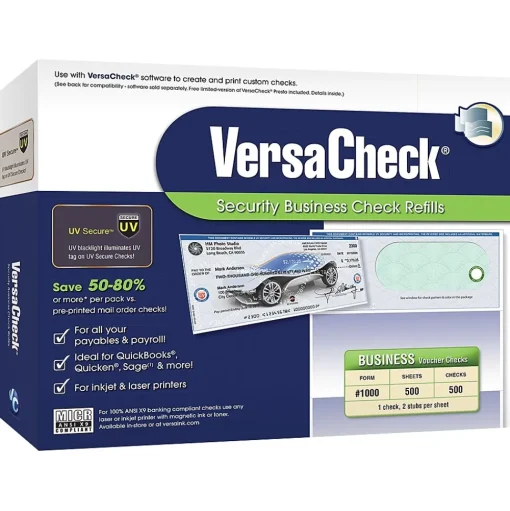 VersaCheck Security & Carbon<UV Secure Business Security Voucher Check Refills, 8.5" x 11", Green, 500 Sheets/Pack (10GE02-0349)