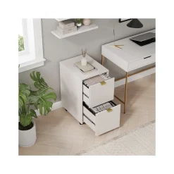Whalen File Cabinets<Breenly 2-Drawer Mobile Vertical File Cabinet, Letter/Legal Size, 28"H x 16"W x 20.63"D, Off-White/Gold (SPUS-BRMF-WH)