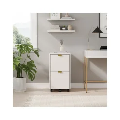 Whalen File Cabinets<Breenly 2-Drawer Mobile Vertical File Cabinet, Letter/Legal Size, 28"H x 16"W x 20.63"D, Off-White/Gold (SPUS-BRMF-WH)